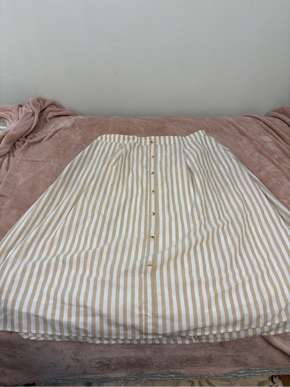BloomChic Beige and White Striped Button-Front Midi Skirt